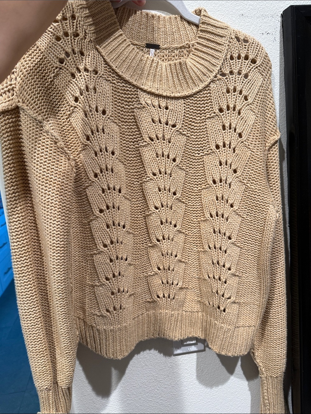Free People Beige Openwork Crewneck Sweater